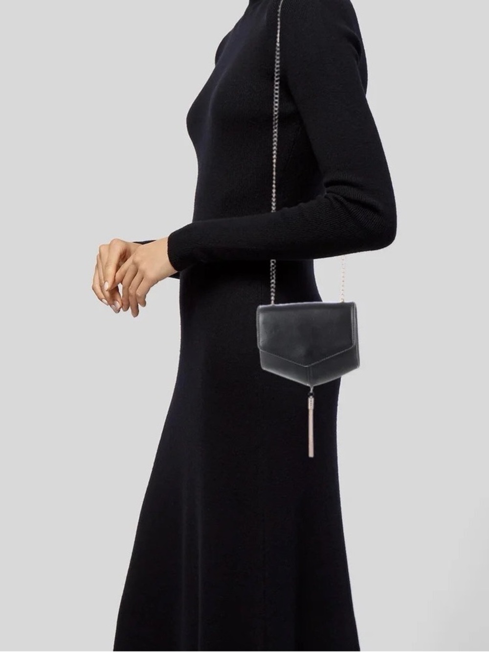 NEW Sandro Black Leather Crossbody with Silver Chain and Tassel